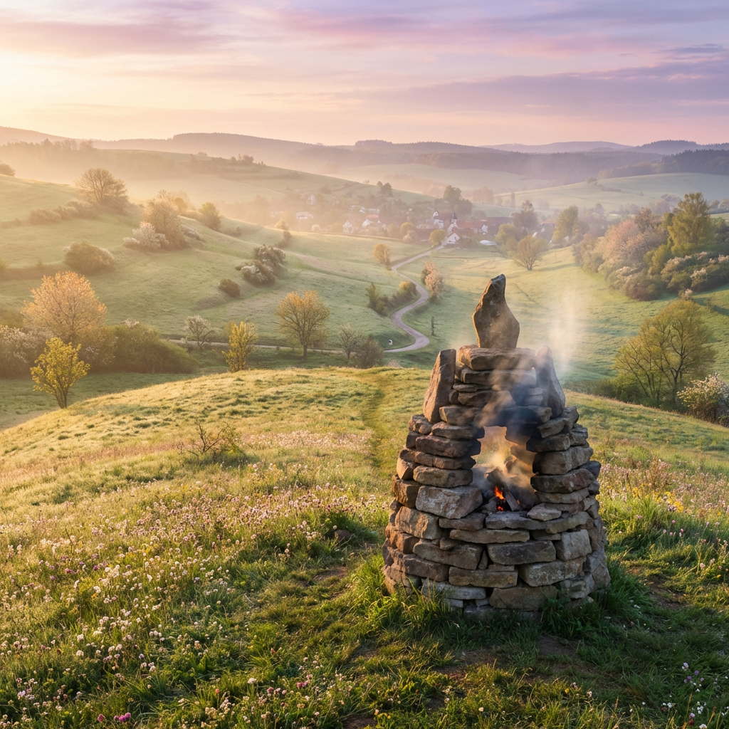 Stone kiln with fire inside on a grassy hill overlooking a misty valley at sunrise.