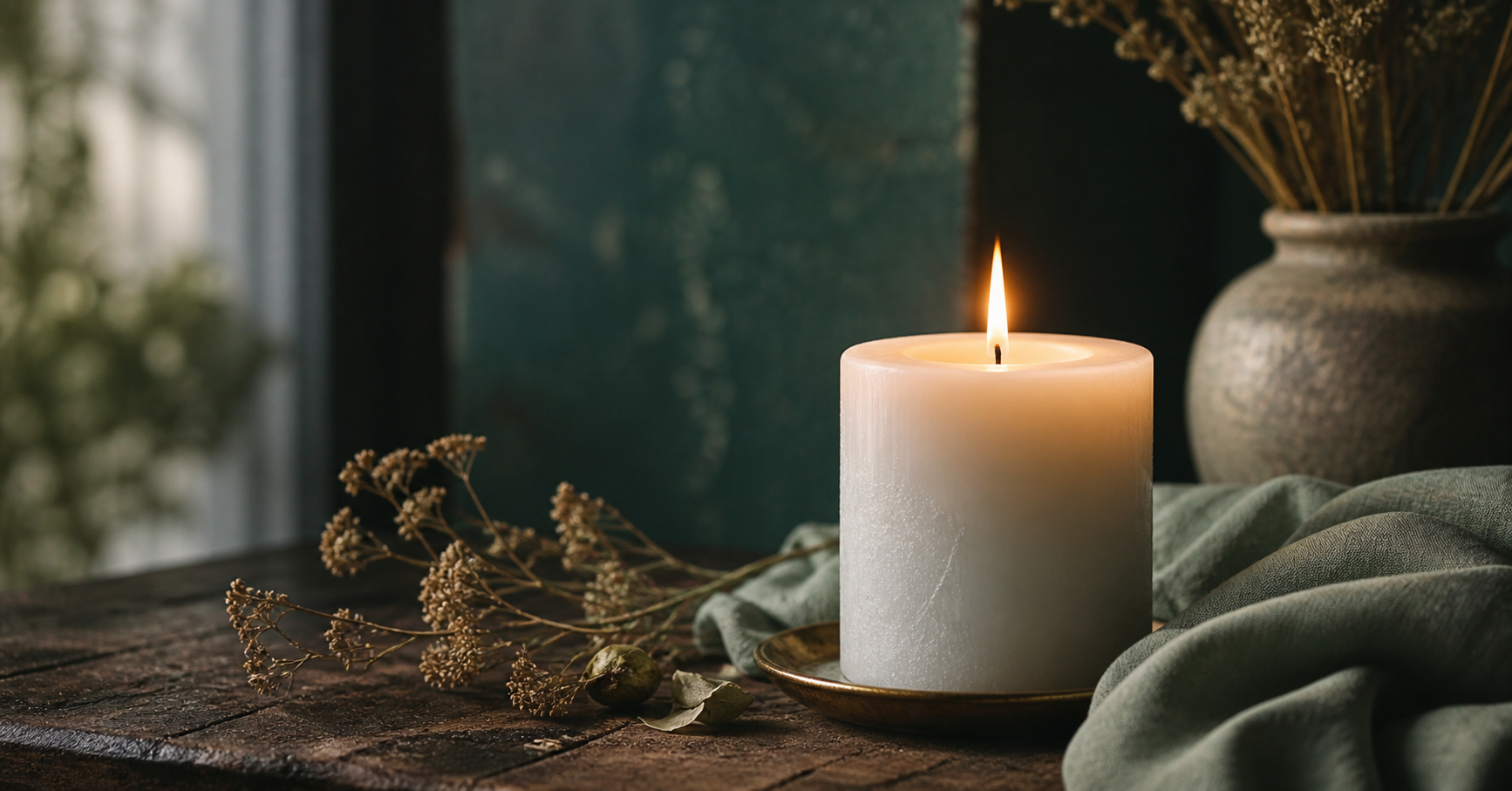 A white candle burning softly on a wooden surface with dried botanicals and a teal background