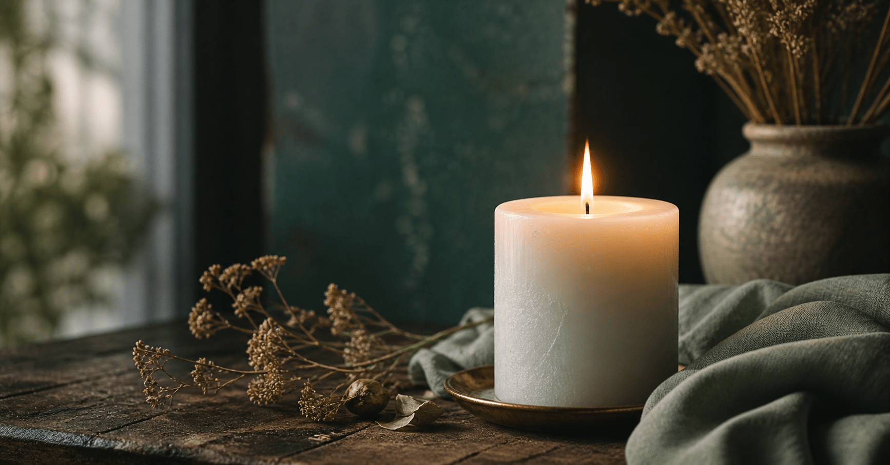 A white candle burning softly on a wooden surface with dried botanicals and a teal background