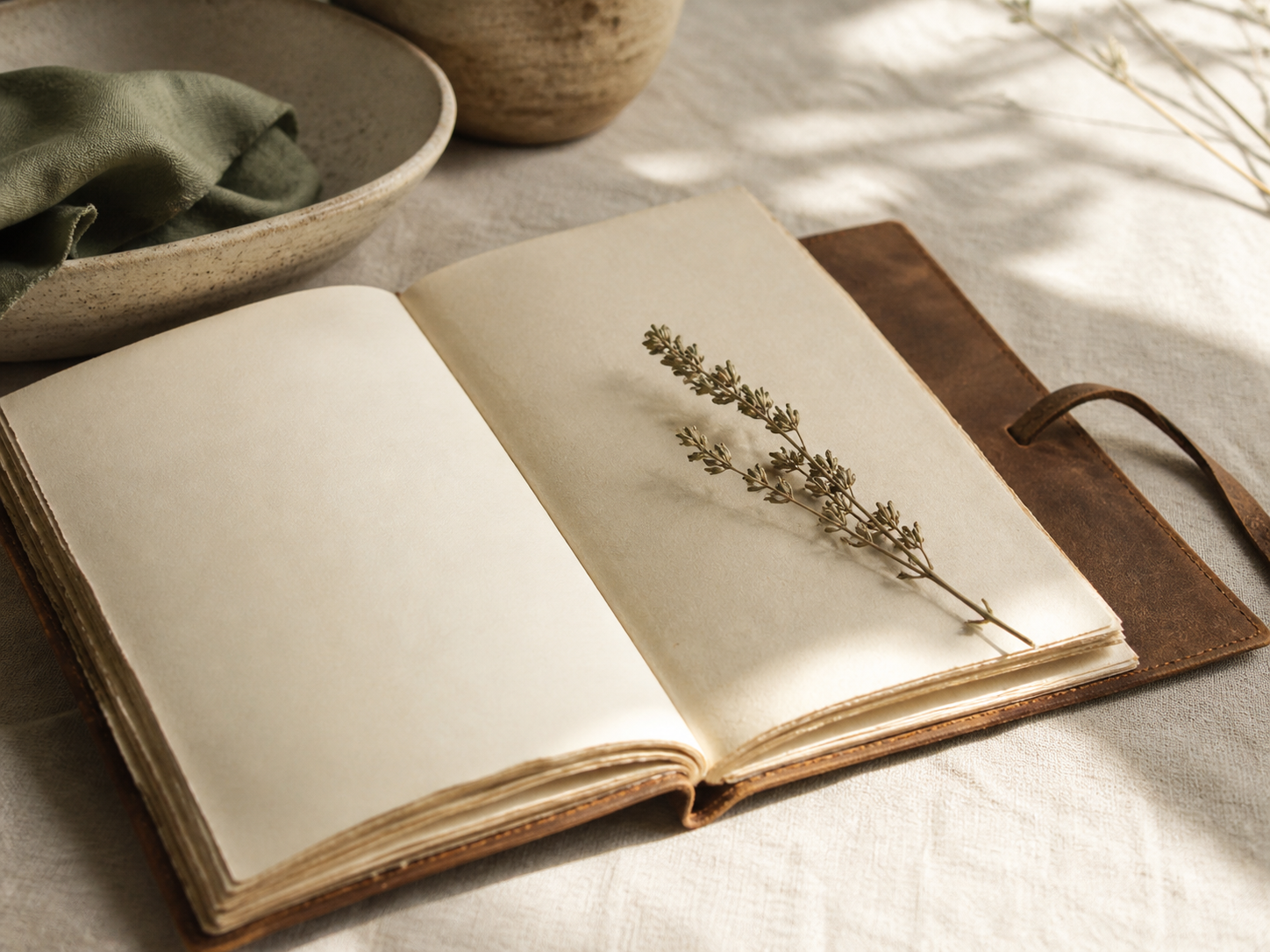 Open leather journal with dried lavender resting on the page, soft natural window light