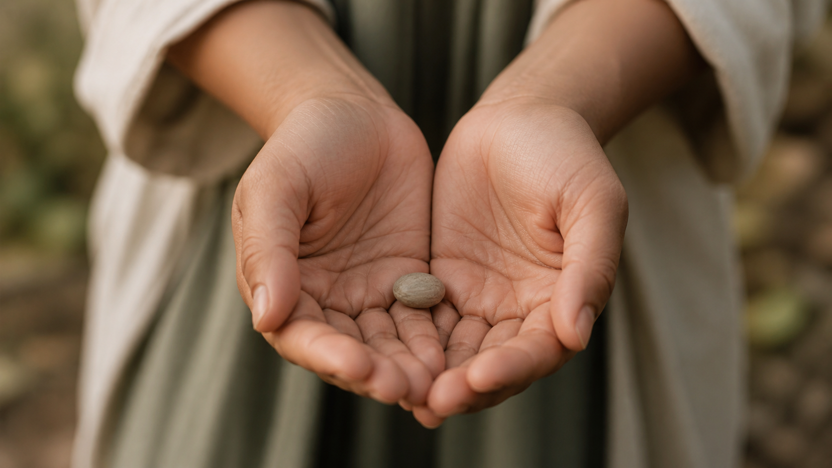 Two hands cupped gently holding a smooth stone, warm earth tones and soft natural light