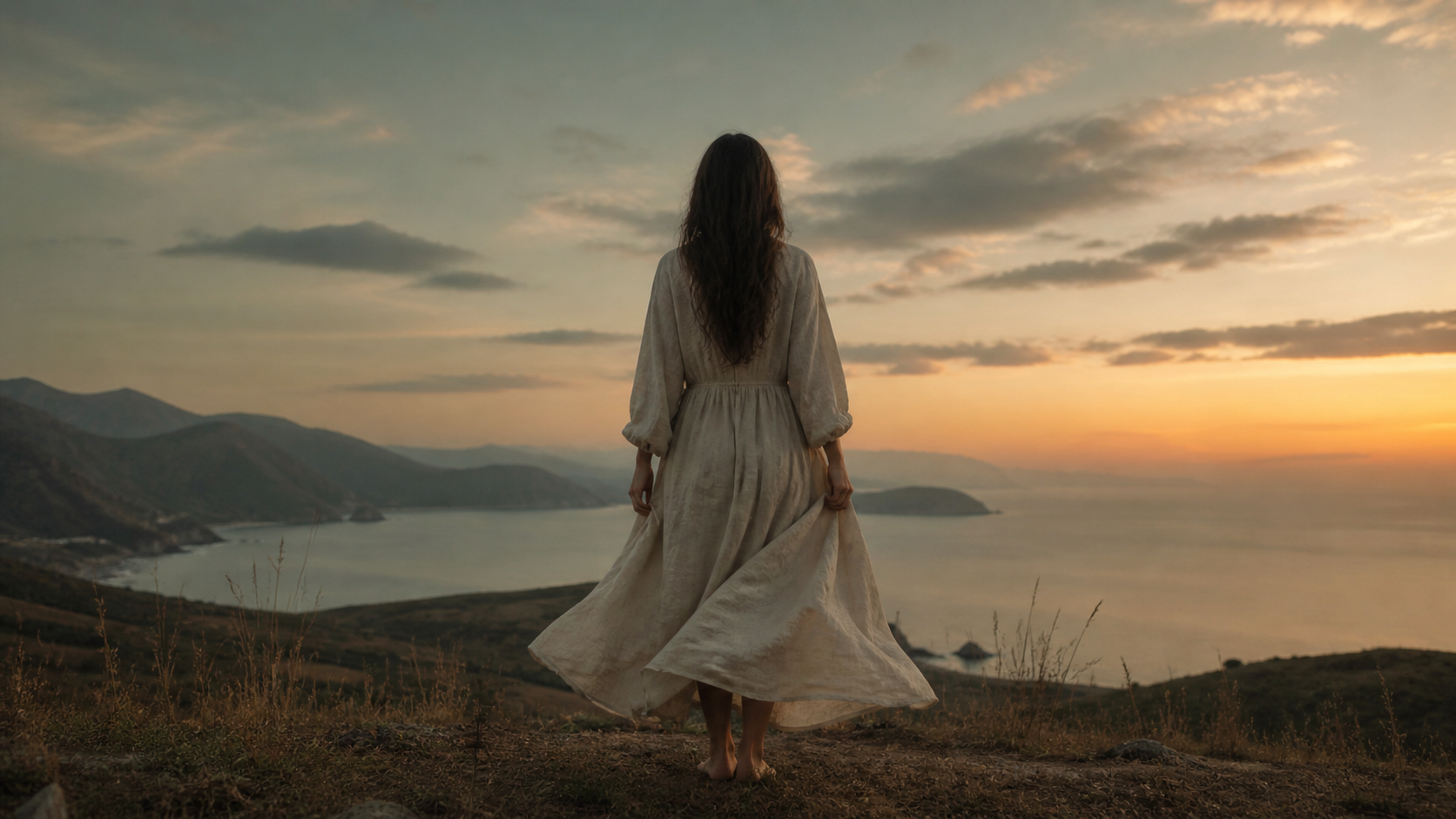 Woman in linen dress standing barefoot on a hillside at dusk overlooking the sea, feeling of quiet completion