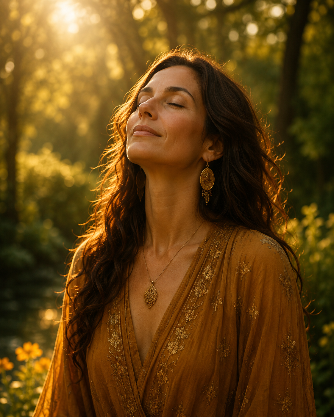 Woman with eyes closed, face lifted toward golden light in a forest