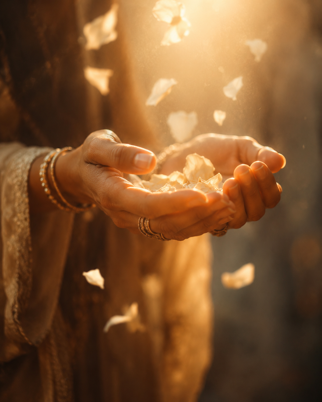 Hands open receiving flower petals falling in golden light