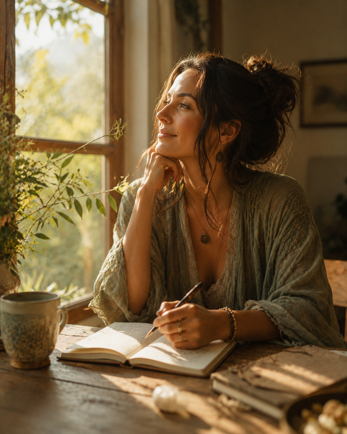Woman journaling by a sunlit window with a cup nearby, looking out with a soft smile