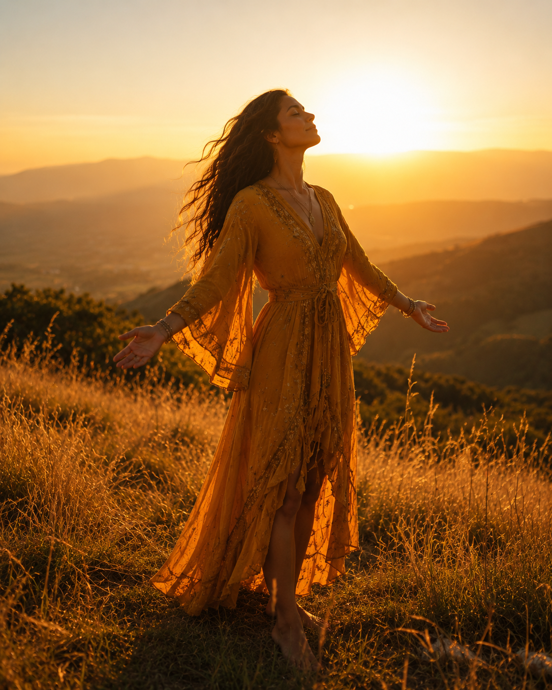 Woman standing on a hillside at golden hour, arms open wide, face toward the sun
