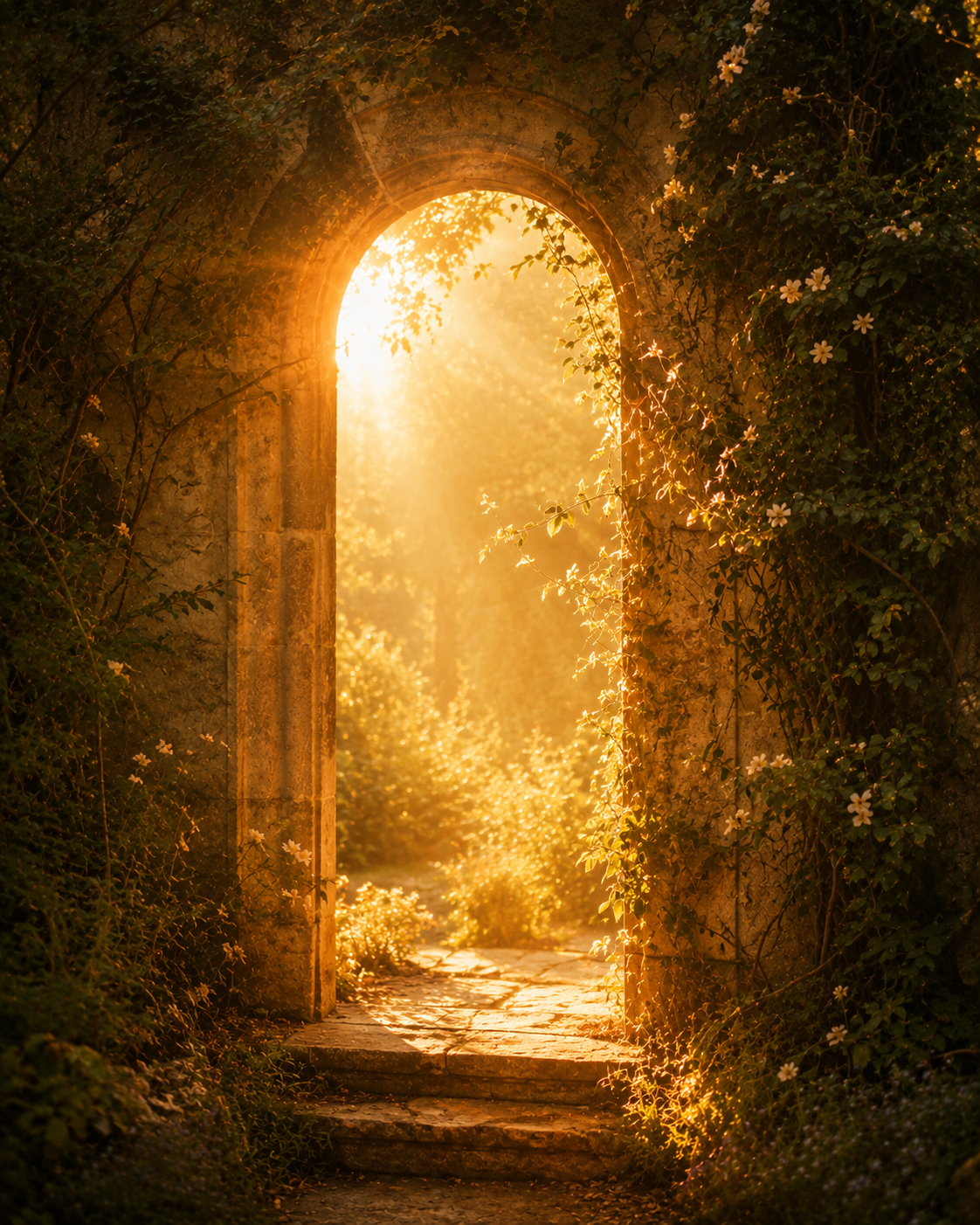 Stone archway overgrown with vines and flowers, golden light pouring through from the other side