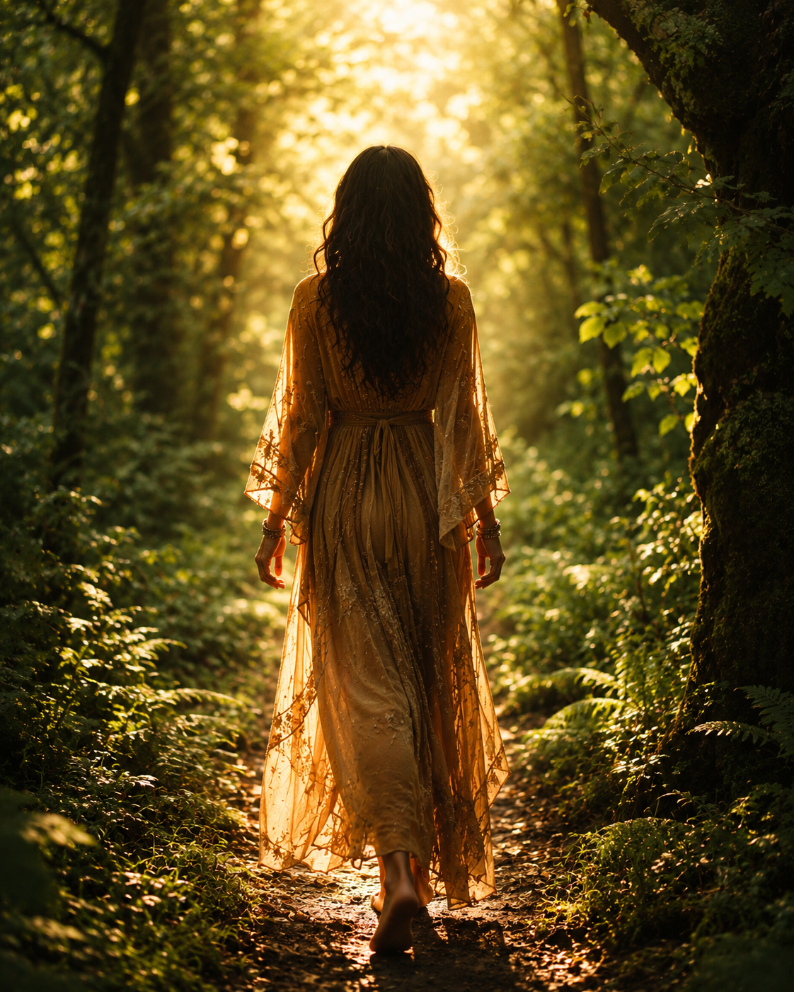 Woman walking forward on a forest path toward golden light, posture tall and certain