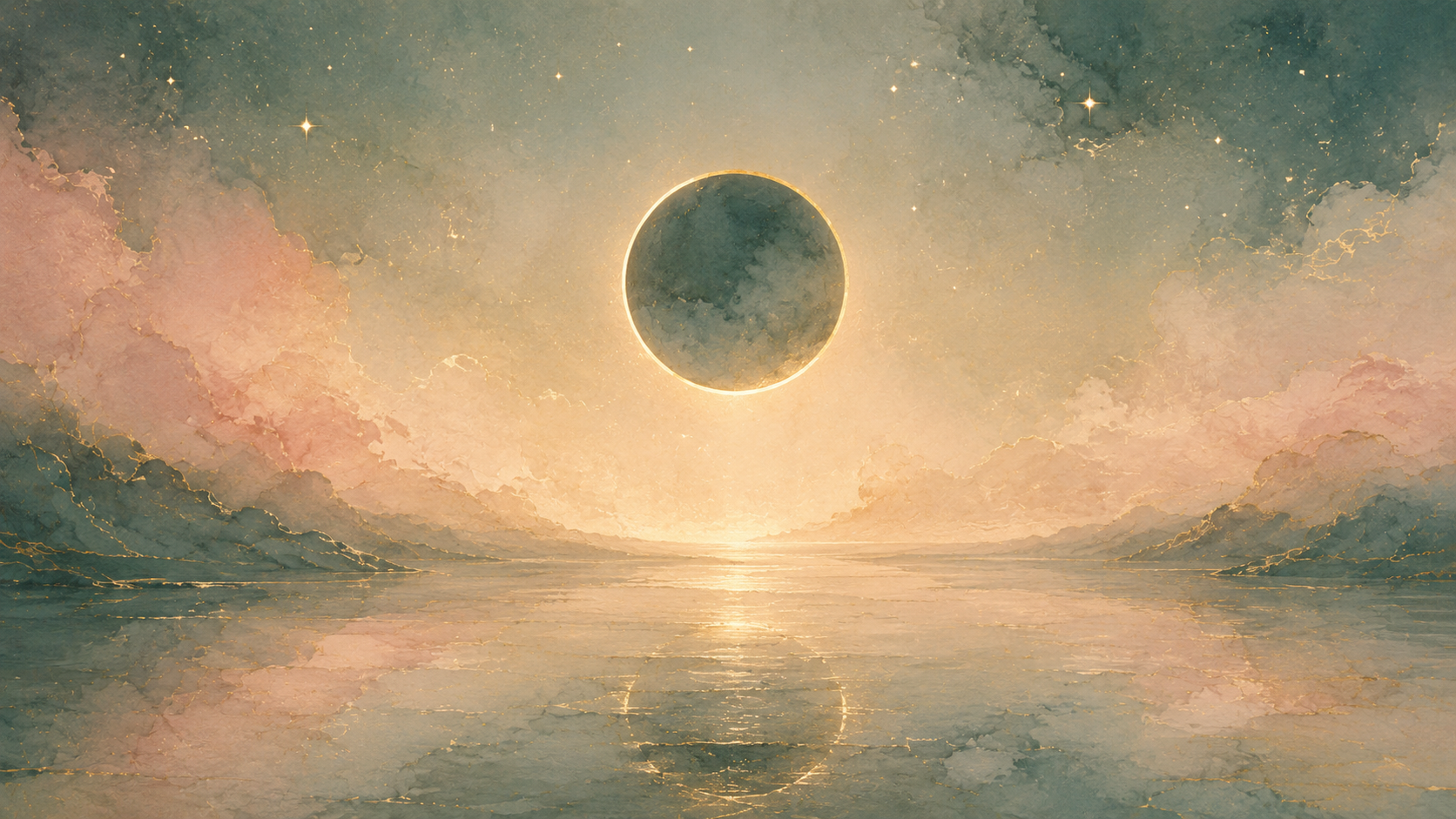 A darkened circle of light in a twilight sky above still water