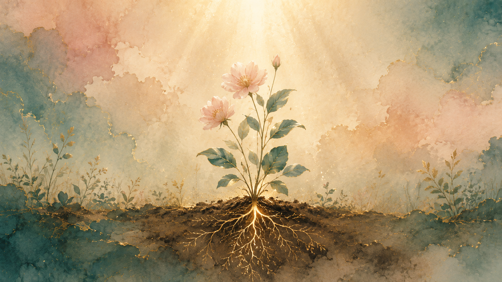 A young flowering plant with roots reaching into rich earth