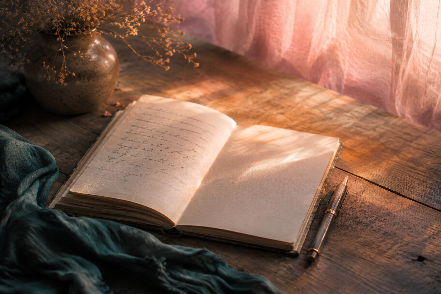 An open notebook with a few handwritten lines and a blank page