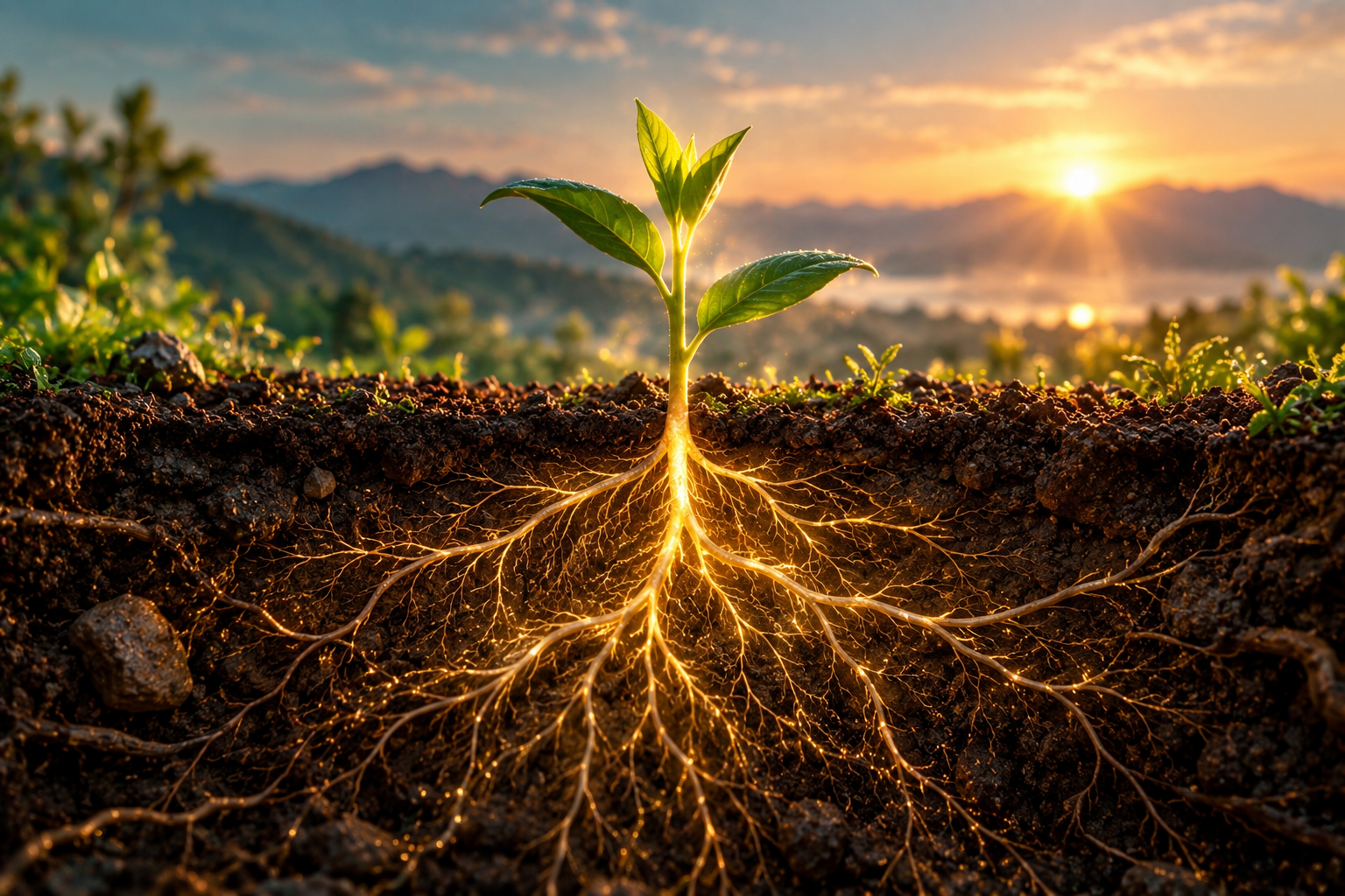 Glowing roots at sunrise