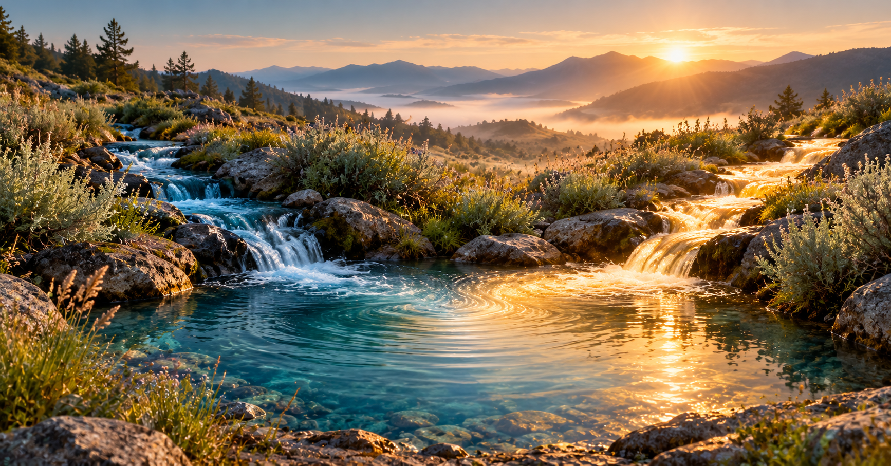 Two golden streams flowing together in a misty valley
