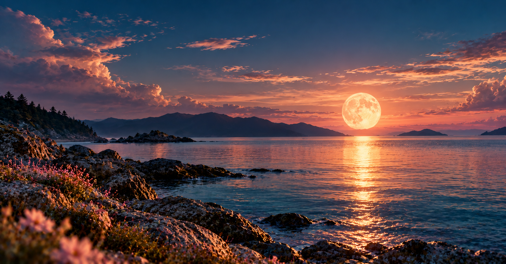 A moon rising over a quiet shoreline at twilight