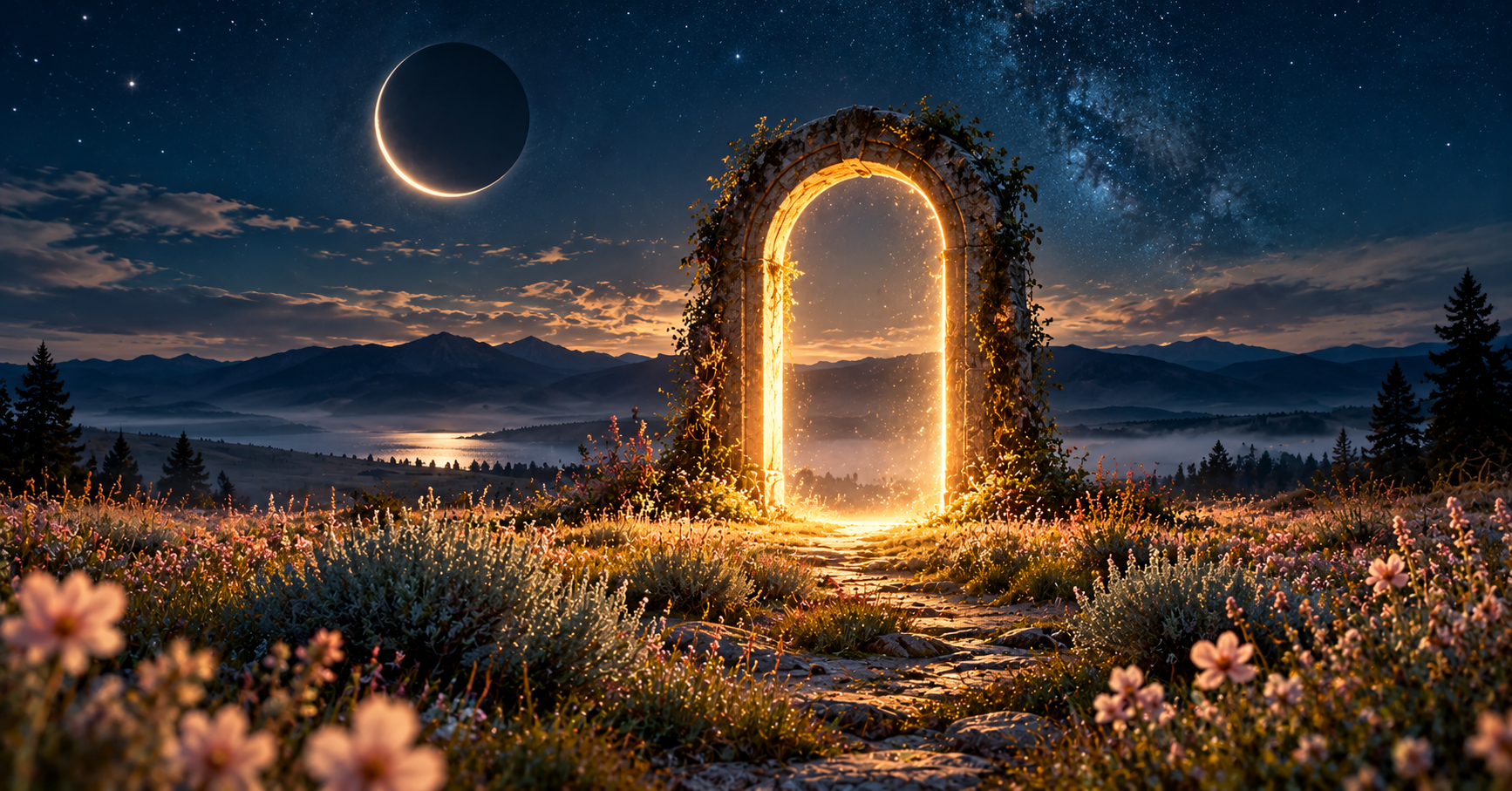 A glowing gateway of light in a moonlit wildflower meadow